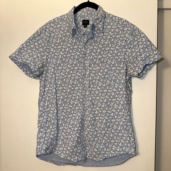 J. Crew Short Sleeve Button Down Collared Shirt Blue White Floral Medium EUC - Picture 1 of 9
